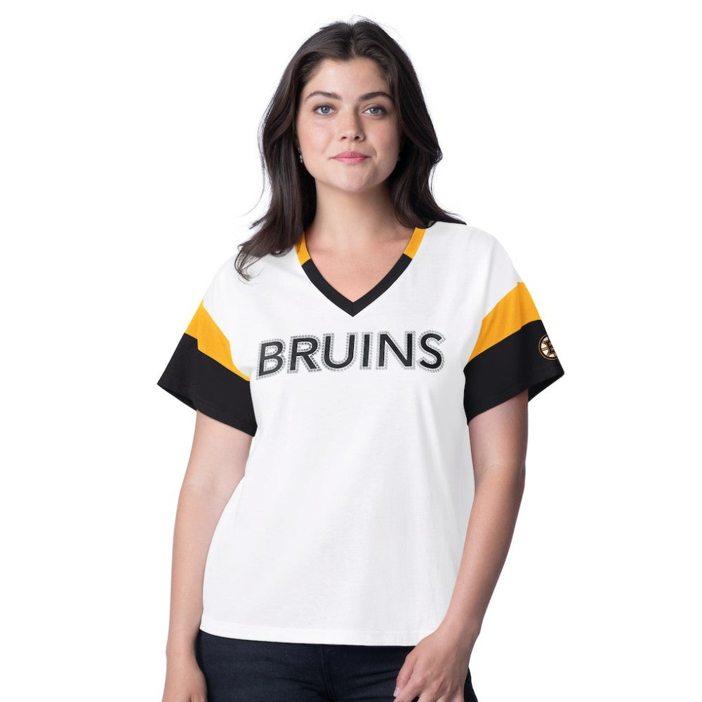Boston Bruins G-III 4Her by Carl Banks Women's Rink Oversized Rhinestone V-Neck T-Shirt White
