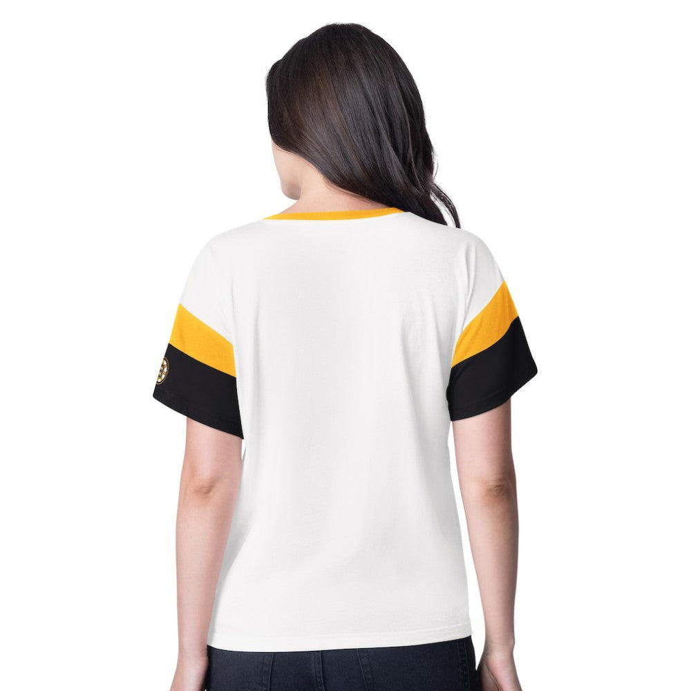 Boston Bruins G-III 4Her by Carl Banks Women's Rink Oversized Rhinestone V-Neck T-Shirt White