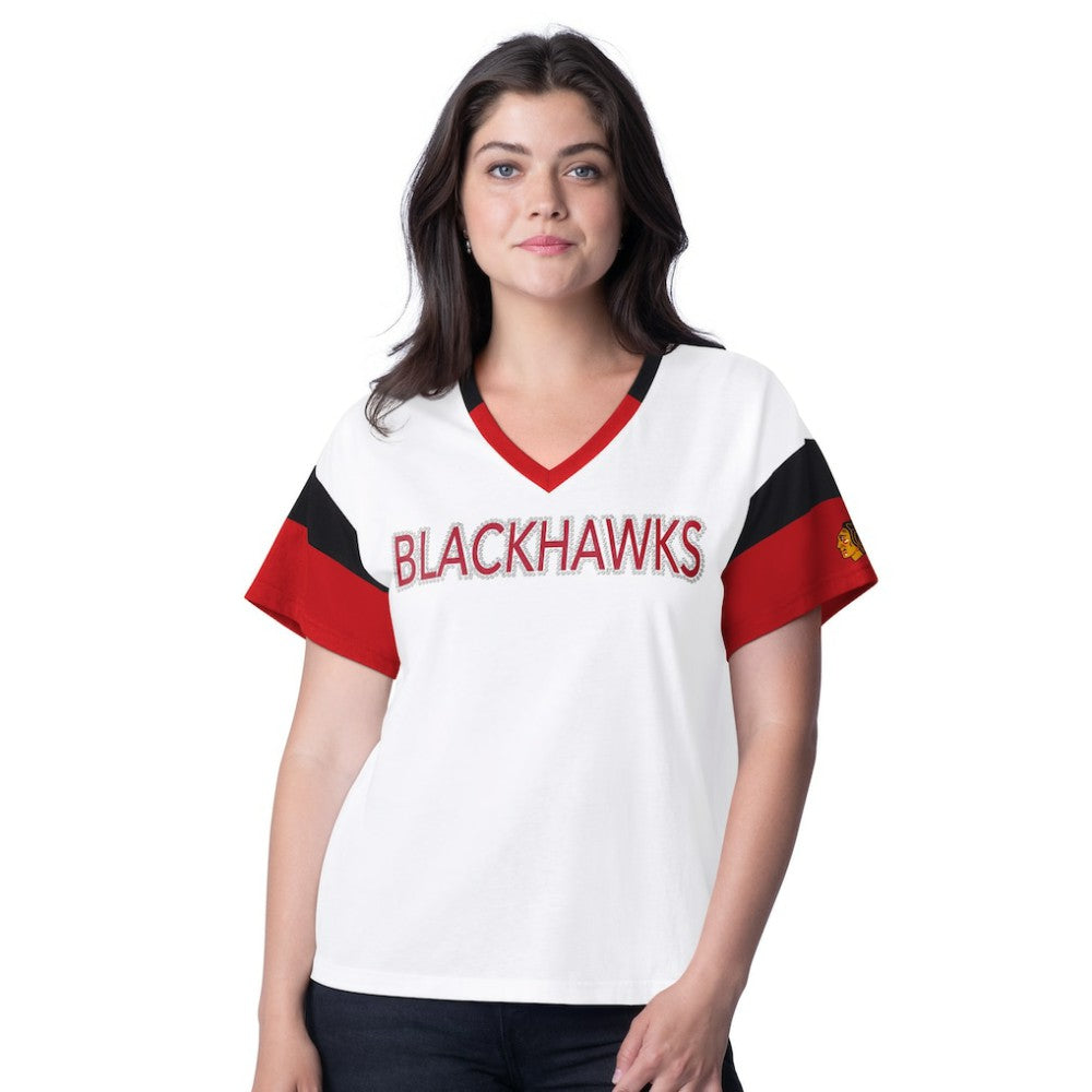 Chicago Blackhawks G-III 4Her by Carl Banks Women's Rink Oversized Rhinestone V-Neck T-Shirt White