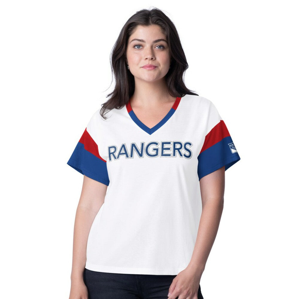 New York Rangers G-III 4Her by Carl Banks Women's Rink Oversized Rhinestone V-Neck T-Shirt White