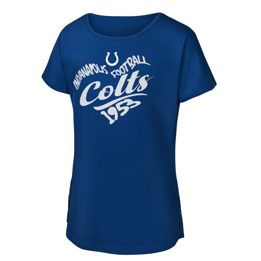 Indianapolis Colts Girls Youth Script Heart Dolman T-Shirt - Royal on sale