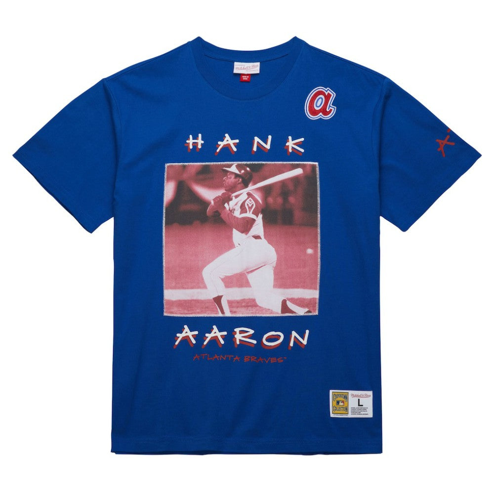 Hank Aaron Atlanta Braves Cooperstown Collection Heavyweight Premium Player Vintage Logo T-Shirt - Royal | Mitchell & Ness