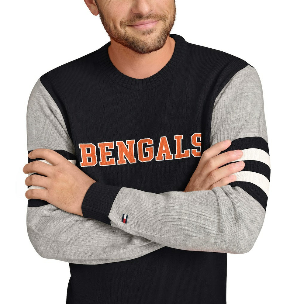 Cincinnati Bengals Tommy Hilfiger Acrylic Crewneck Pullover Sweater - Black/Heather Gray for sale