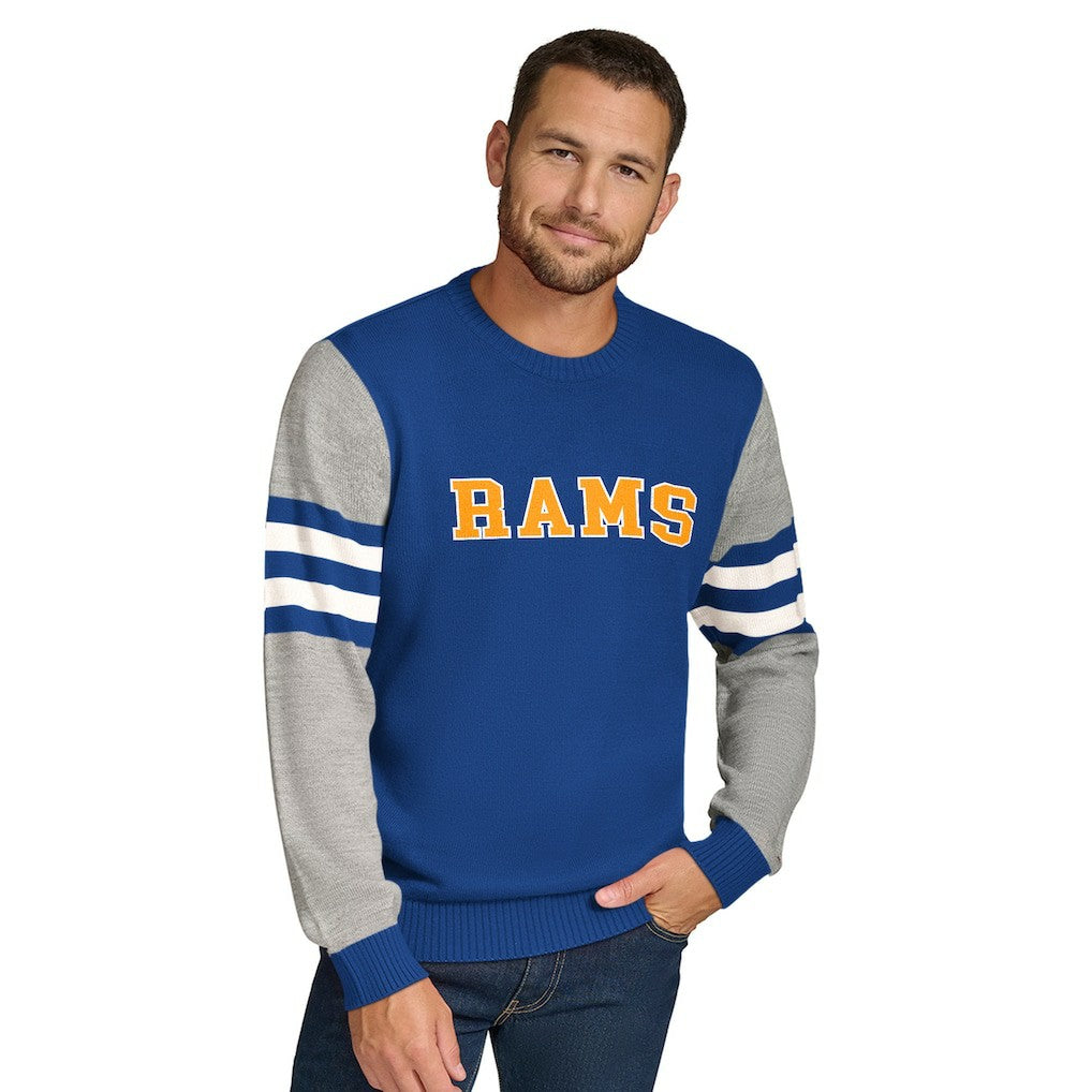Los Angeles Rams Tommy Hilfiger Acrylic Crewneck Pullover Sweater - Royal/Heather Gray for sale
