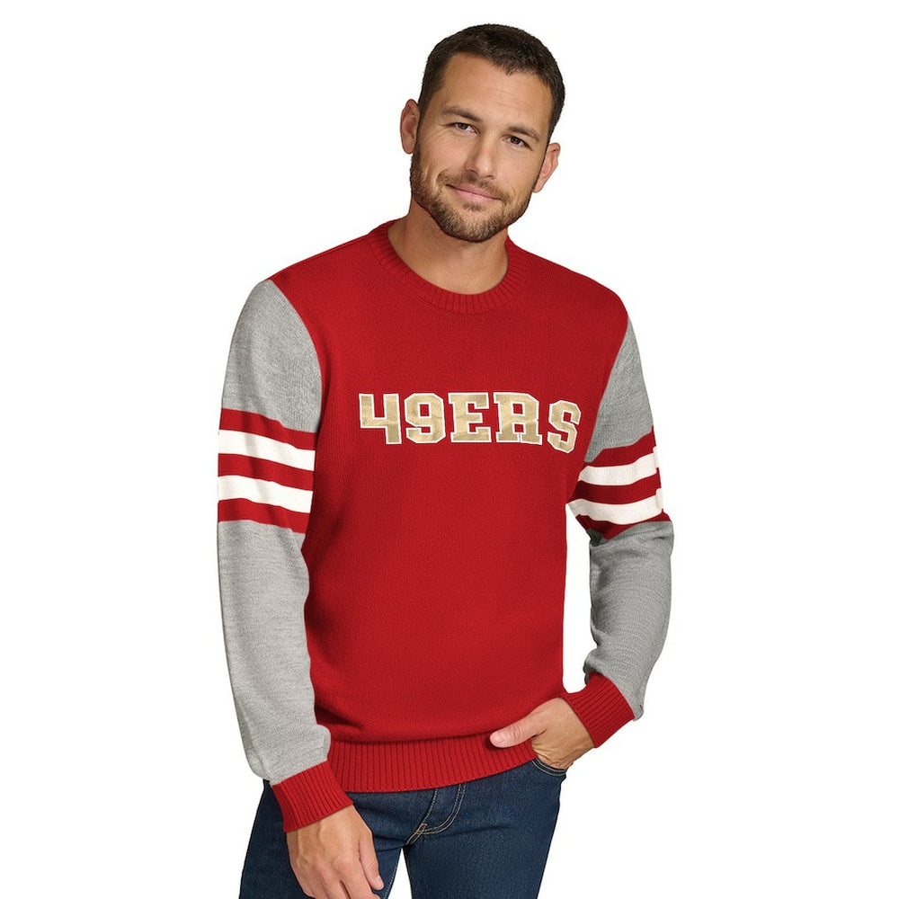 San Francisco 49ers Tommy Hilfiger Acrylic Crewneck Pullover Sweater - Scarlet/Heather Gray on sale