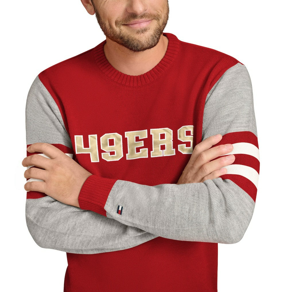 San Francisco 49ers Tommy Hilfiger Acrylic Crewneck Pullover Sweater - Scarlet/Heather Gray on sale