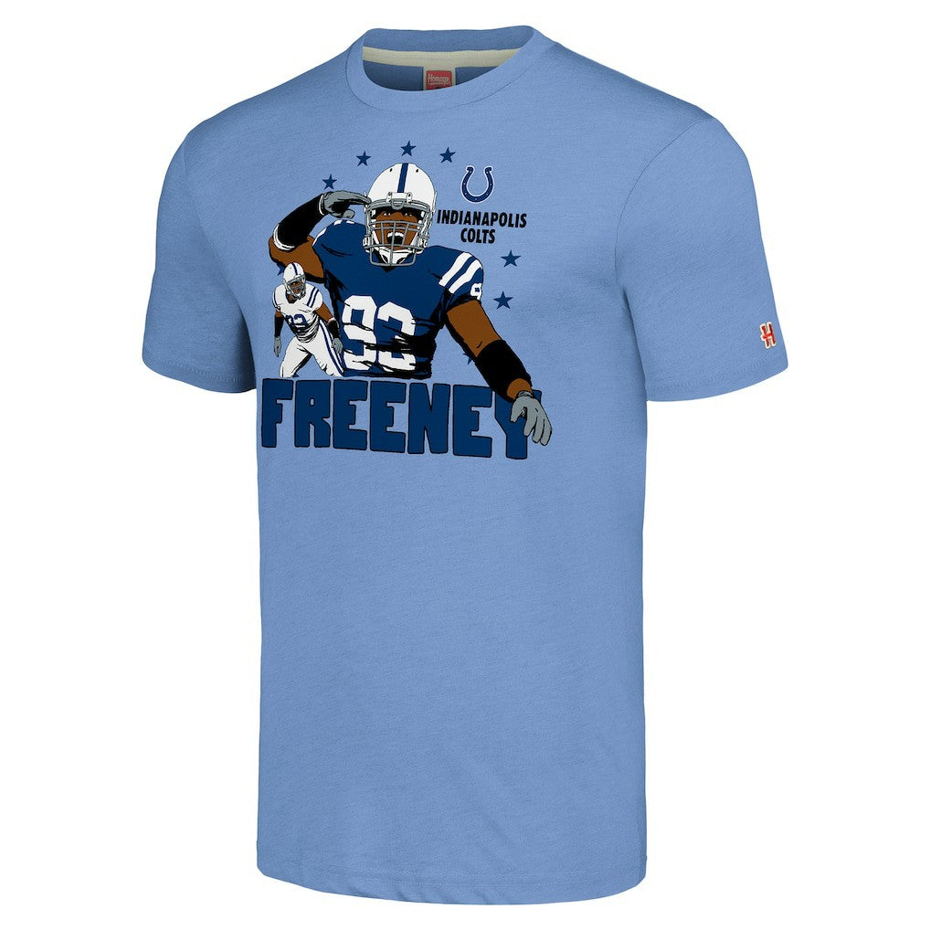 Dwight Freeney Indianapolis Colts Homage Unisex Caricature Retired Player Tri-Blend T-Shirt - Light Blue outlet
