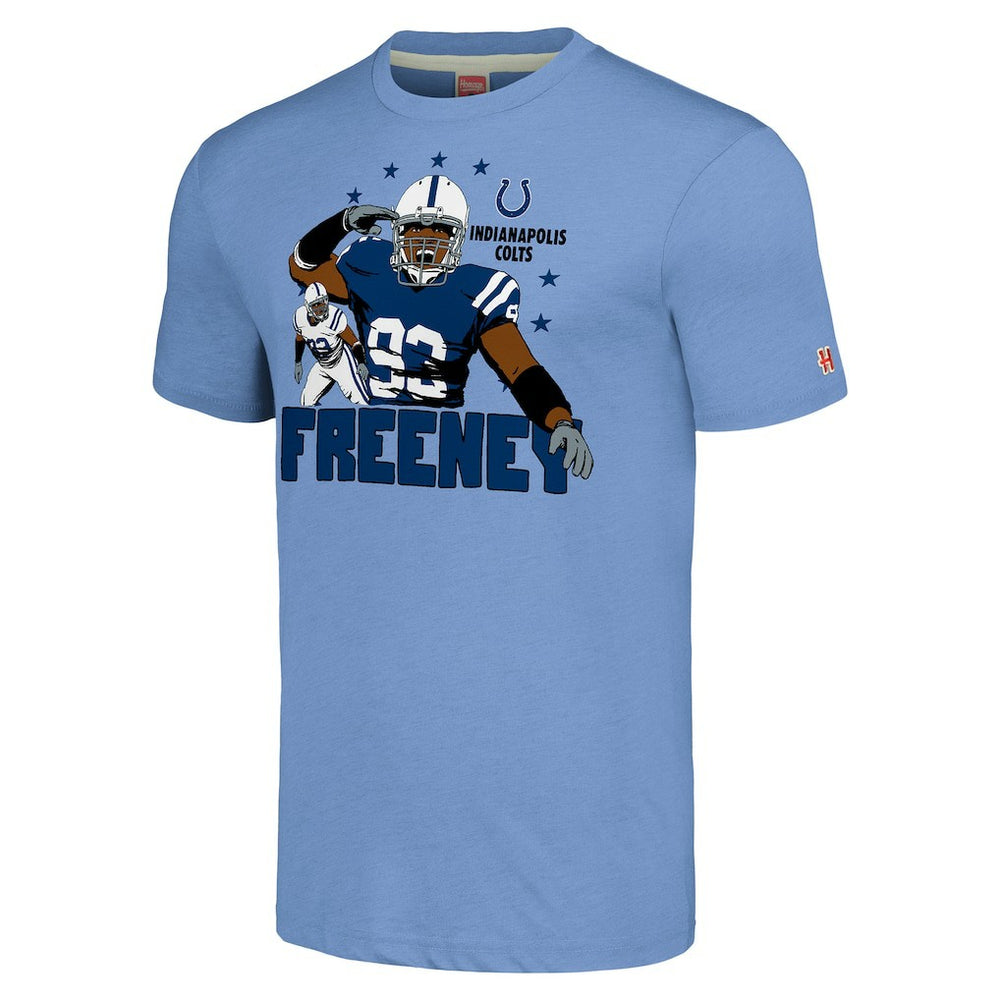 Dwight Freeney Indianapolis Colts Homage Unisex Caricature Retired Player Tri-Blend T-Shirt - Light Blue outlet