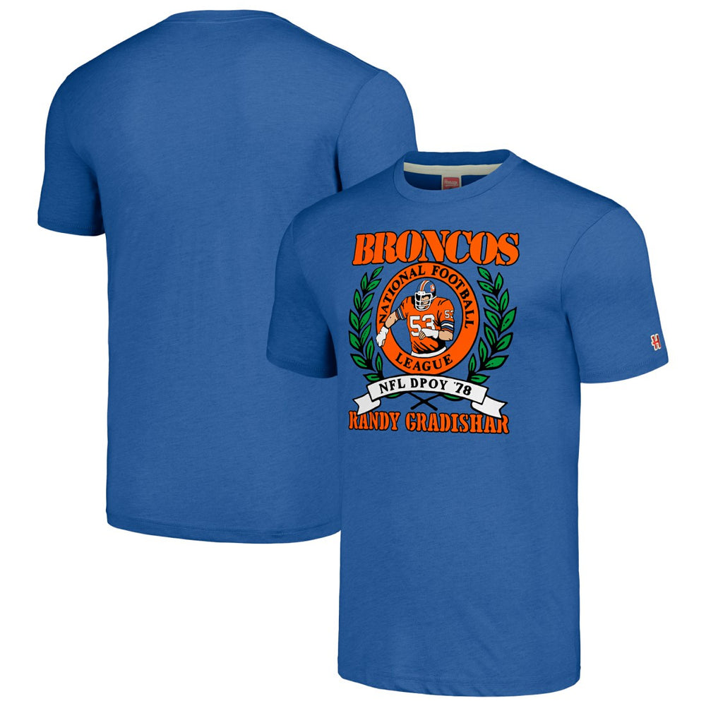 Randy Gradishar Denver Broncos Homage Unisex Caricature Retired Player Tri-Blend T-Shirt - Royal on sale