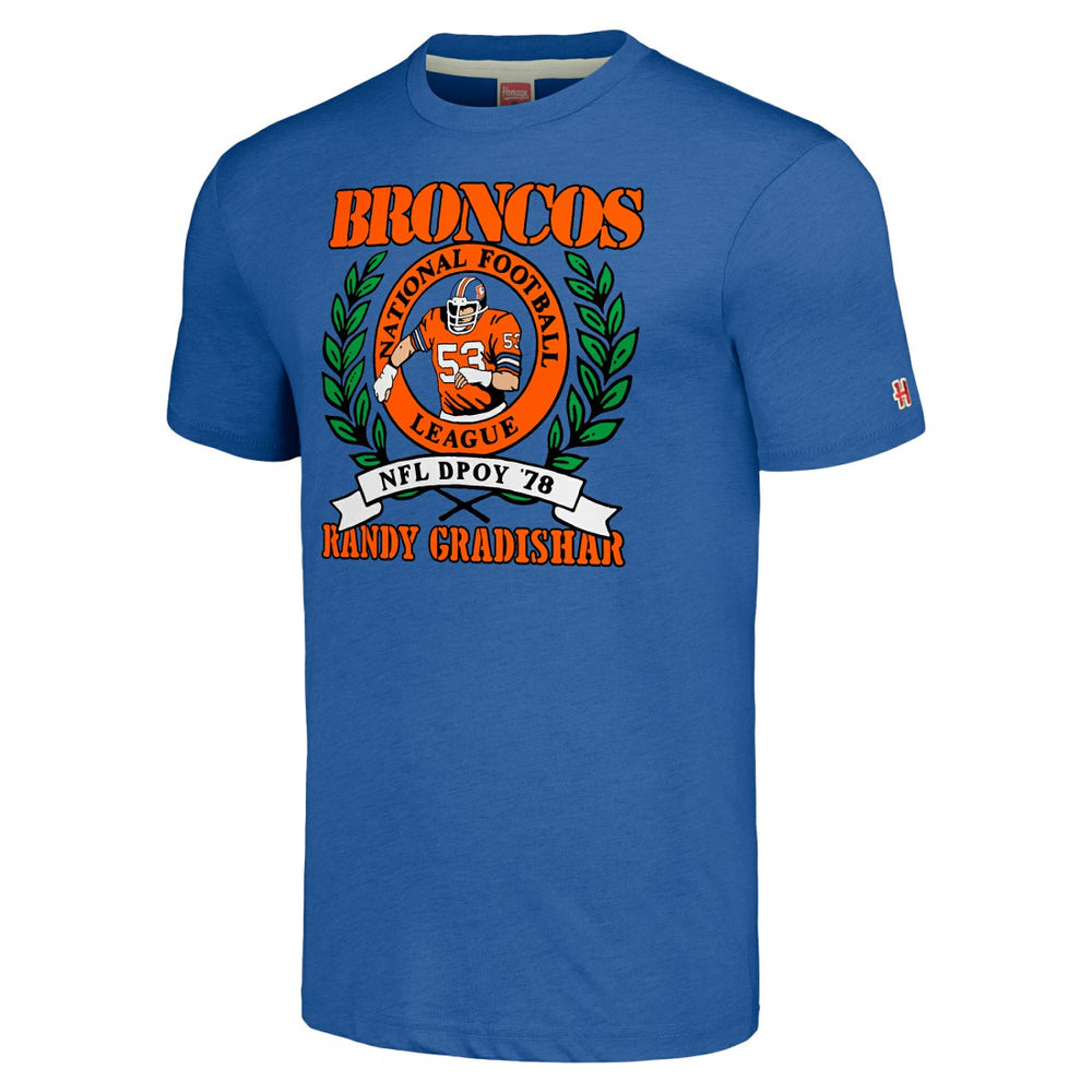 Randy Gradishar Denver Broncos Homage Unisex Caricature Retired Player Tri-Blend T-Shirt - Royal on sale