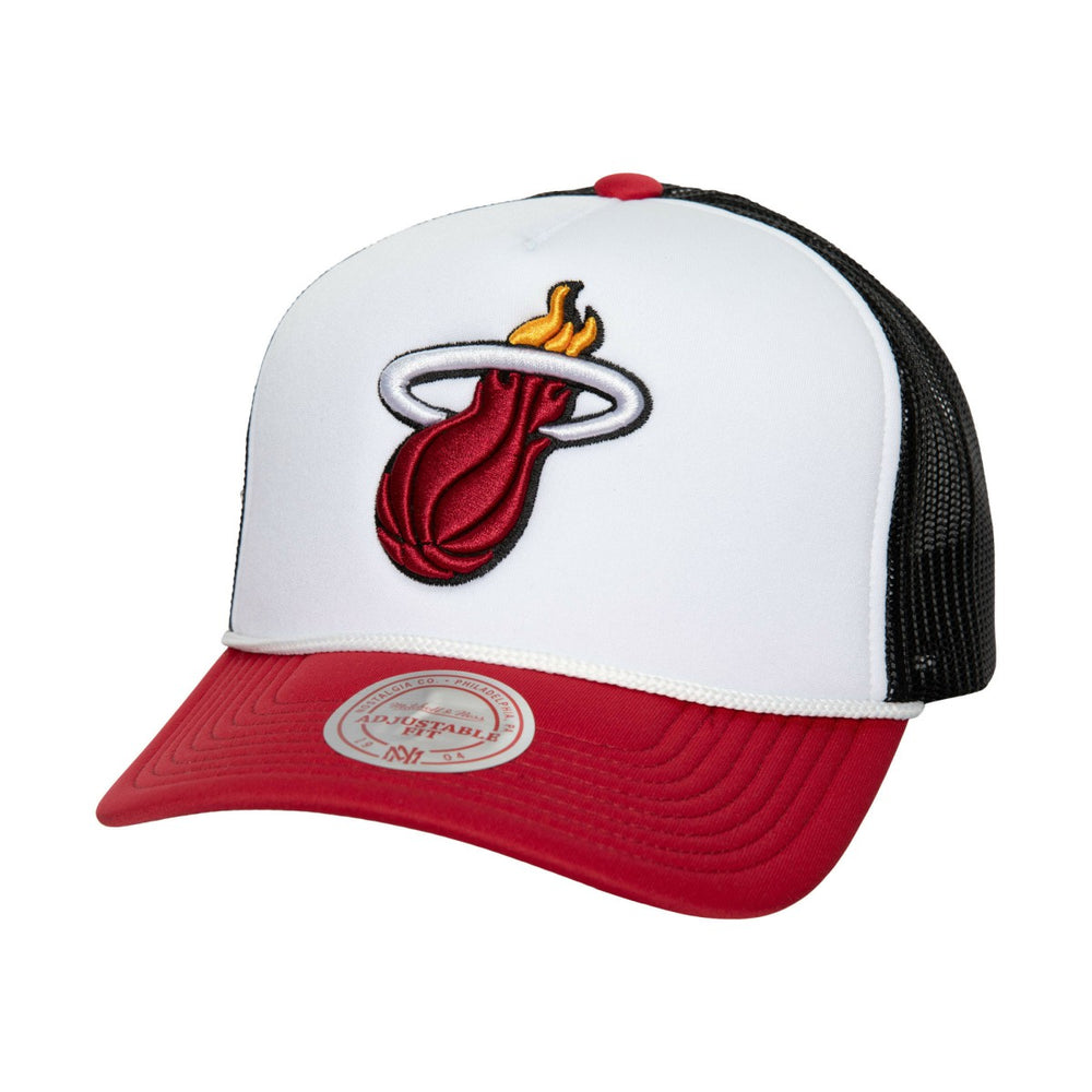 Miami Heat Hardwood Classics Blocker Foam Front Trucker Adjustable Hat - White | Mitchell & Ness for sale