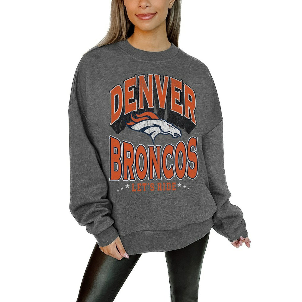 Denver Broncos Gameday Couture Women's Oversized Long Weekend Premium Fleece Drop Shoulder Pullover Sweatshirt - Charcoal sale