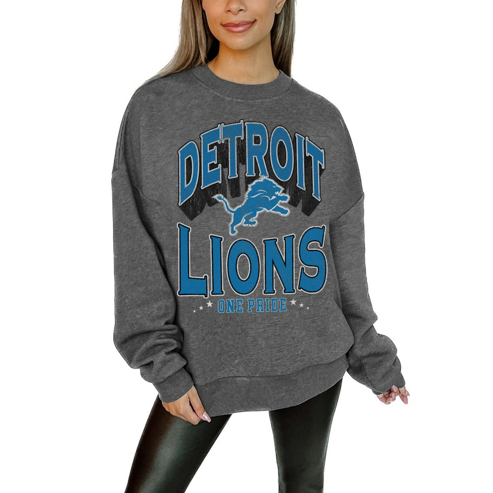 Detroit Lions Gameday Couture Women's Oversized Long Weekend Premium Fleece Drop Shoulder Pullover Sweatshirt - Charcoal on sale