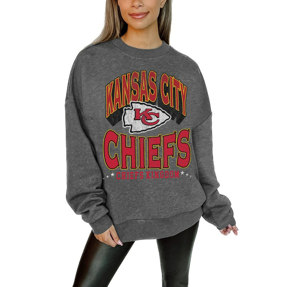 Kansas City Chiefs Gameday Couture Women's Oversized Long Weekend Premium Fleece Drop Shoulder Pullover Sweatshirt - Charcoal outlet