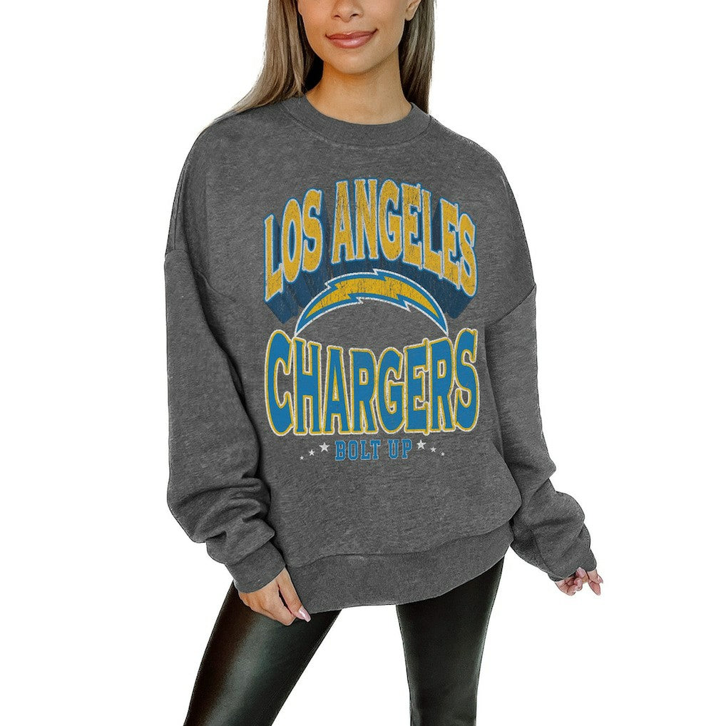 Los Angeles Chargers Gameday Couture Women's Oversized Long Weekend Premium Fleece Drop Shoulder Pullover Sweatshirt - Charcoal discount