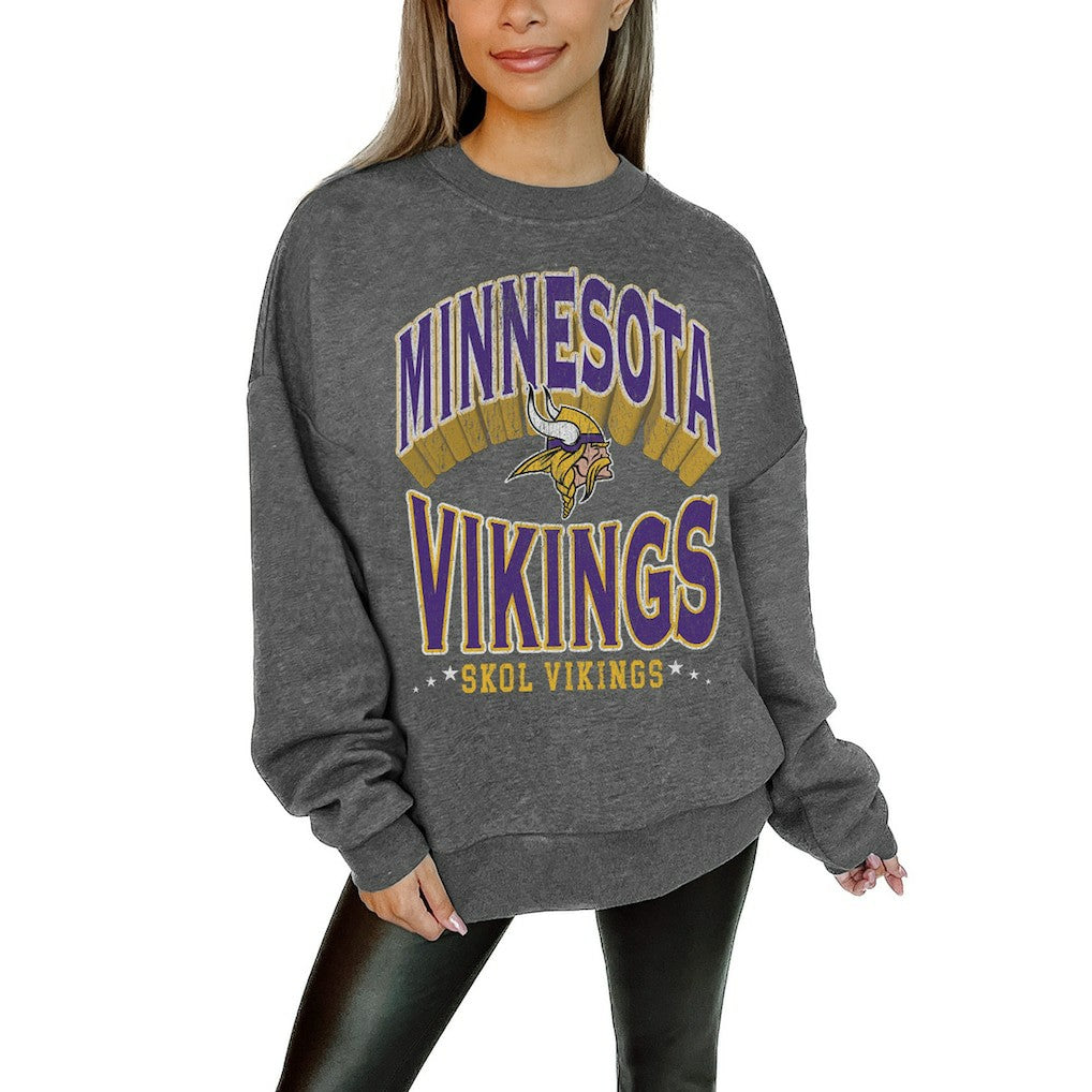 Minnesota Vikings Gameday Couture Women's Oversized Long Weekend Premium Fleece Drop Shoulder Pullover Sweatshirt - Charcoal cheap