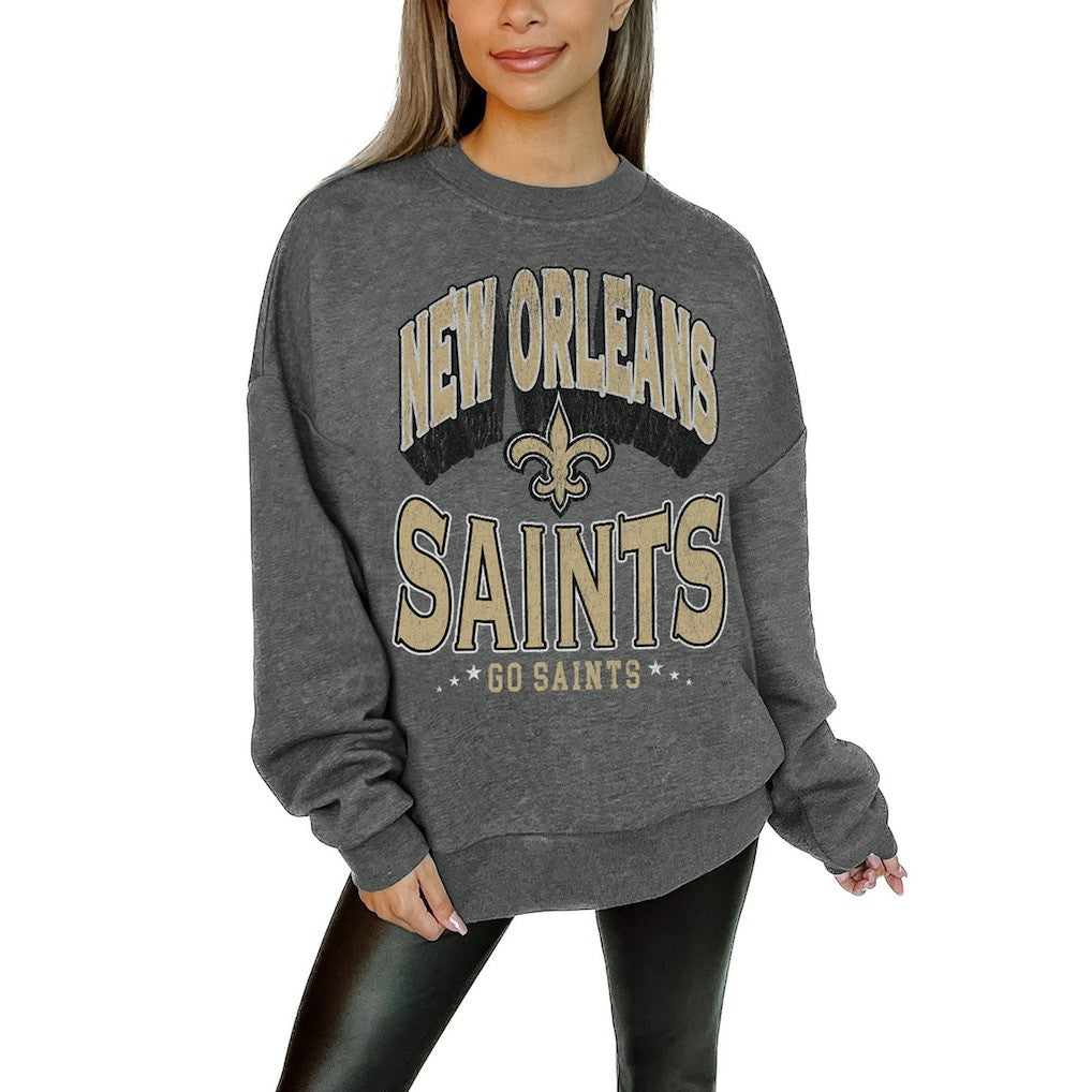 New Orleans Saints Gameday Couture Women's Oversized Long Weekend Premium Fleece Drop Shoulder Pullover Sweatshirt - Charcoal discount