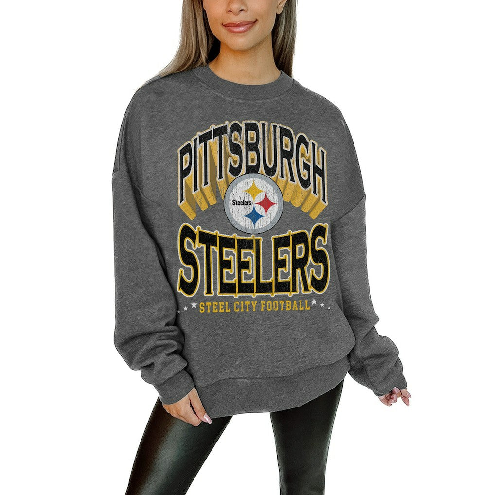 Pittsburgh Steelers Gameday Couture Women's Oversized Long Weekend Premium Fleece Drop Shoulder Pullover Sweatshirt - Charcoal discount