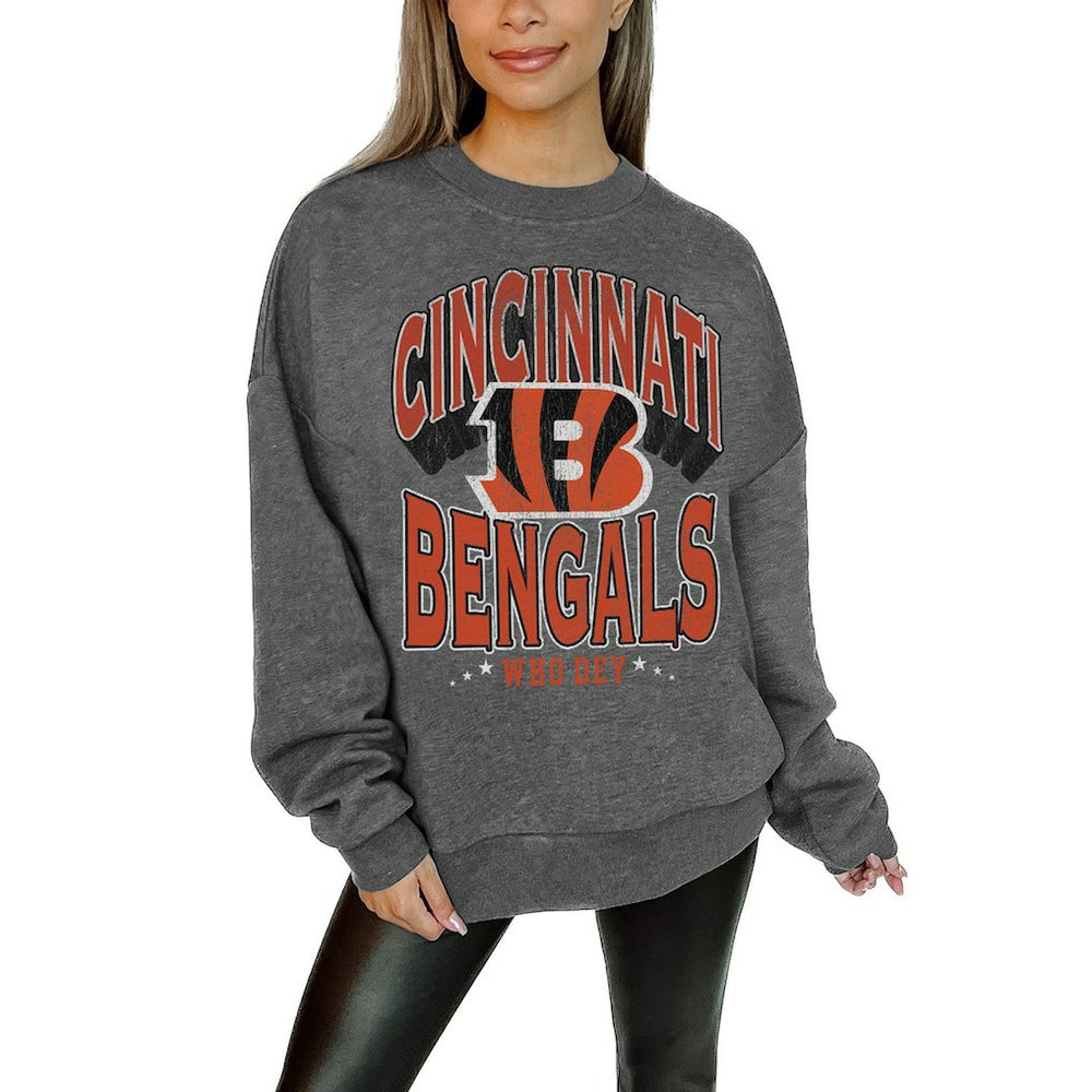 Cincinnati Bengals Gameday Couture Women's Oversized Long Weekend Premium Fleece Drop Shoulder Pullover Sweatshirt - Charcoal outlet