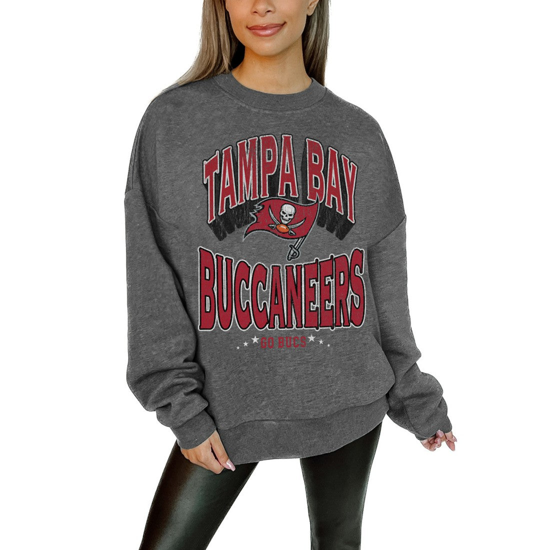 Tampa Bay Buccaneers Gameday Couture Women's Oversized Long Weekend Premium Fleece Drop Shoulder Pullover Sweatshirt - Charcoal on sale