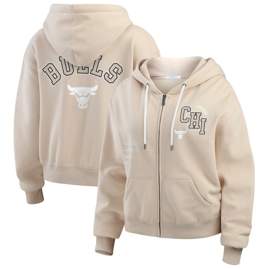 Chicago Bulls WEAR by Erin Andrews Women's Tonal Felt Patch Full-Zip Hoodie - Tan cheap
