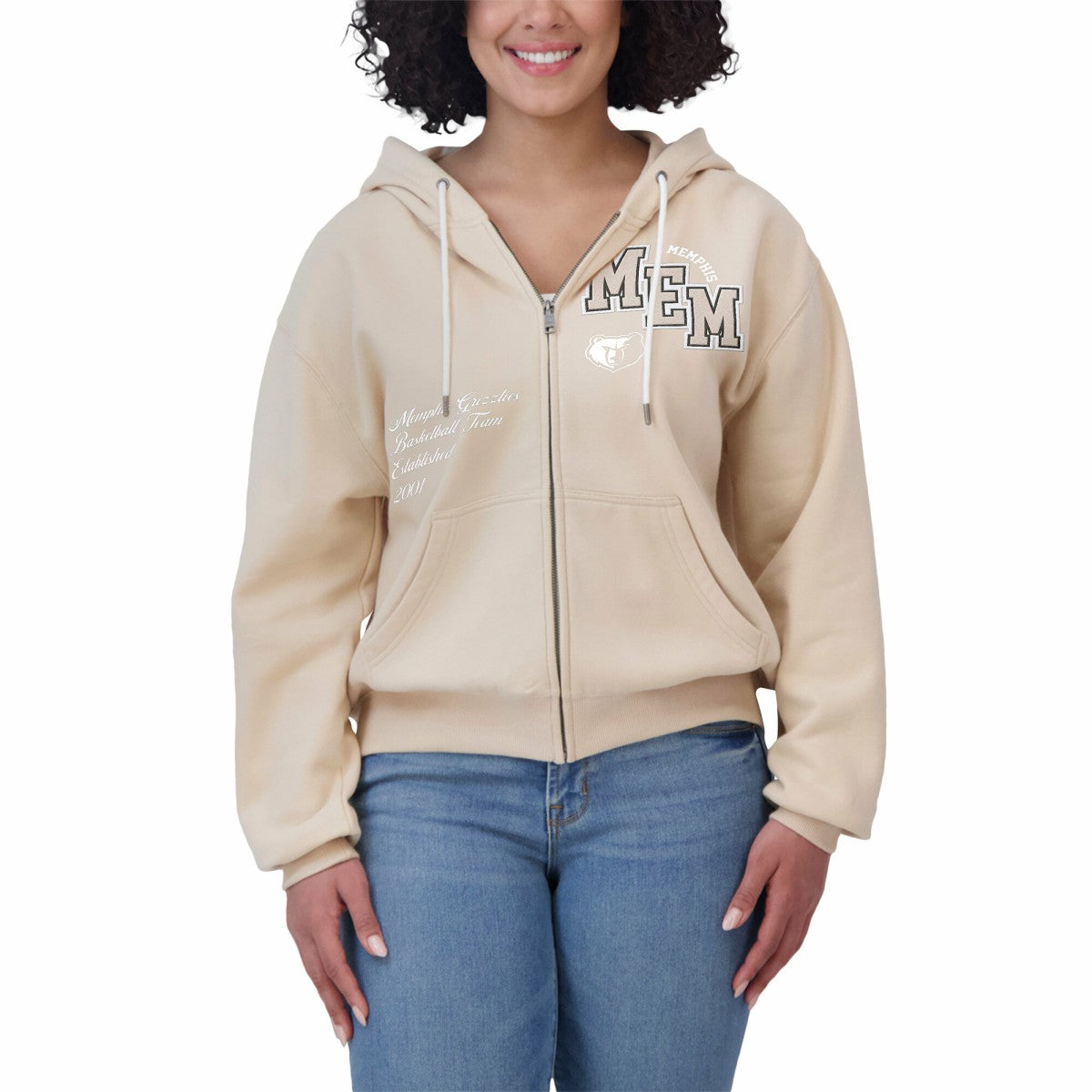 Memphis Grizzlies WEAR by Erin Andrews Women's Plus Size Tonal Felt Patch Full-Zip Hoodie - Cream cheap
