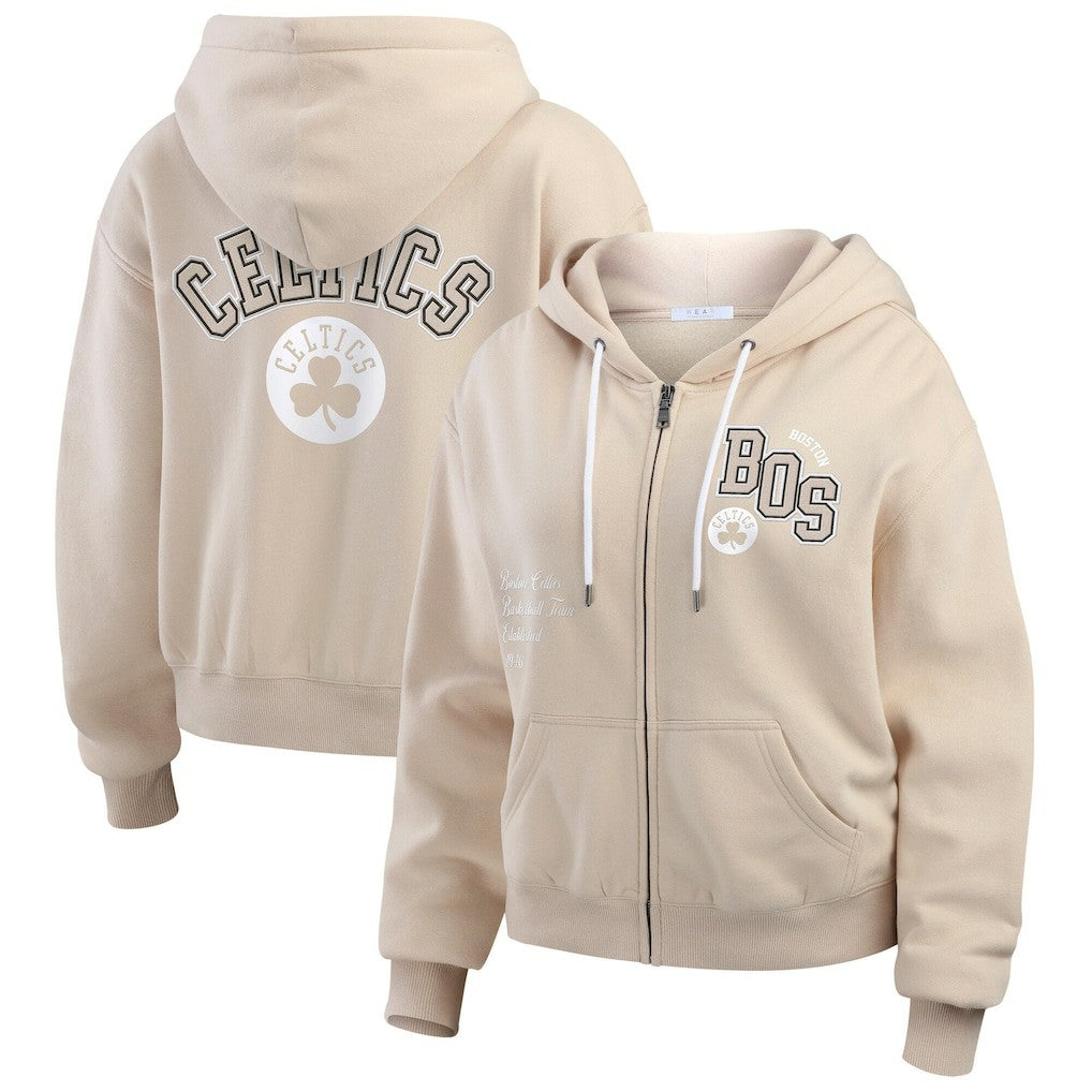 Boston Celtics WEAR by Erin Andrews Women's Plus Size Tonal Felt Patch Full-Zip Hoodie - Cream on sale