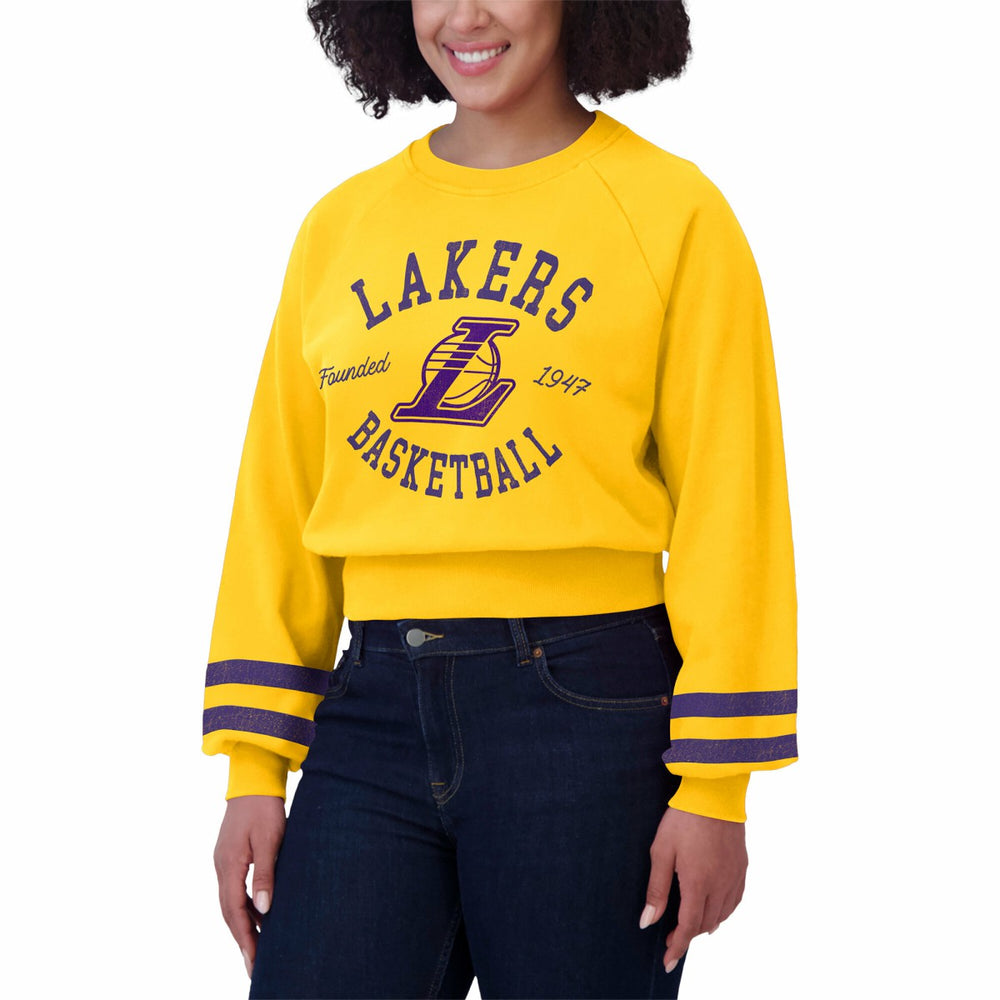 Los Angeles Lakers WEAR by Erin Andrews Women's Vintage Raglan Cropped Pullover Sweatshirt - Gold cheap