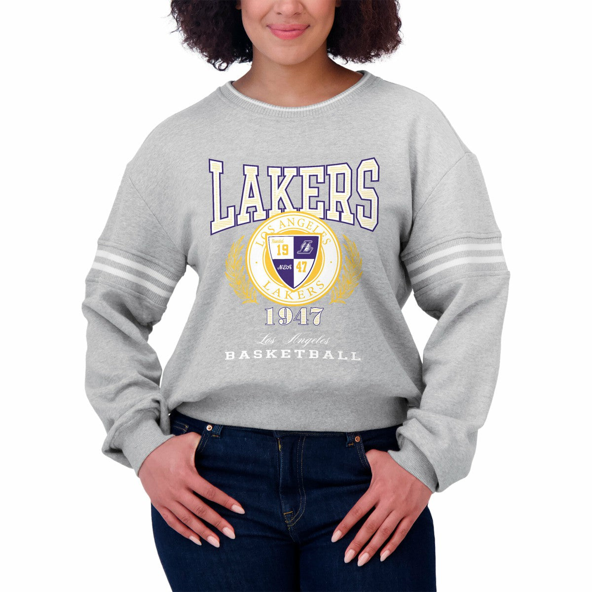 Los Angeles Lakers WEAR by Erin Andrews Women's French Terry Pullover Sweatshirt - Heather Gray cheap