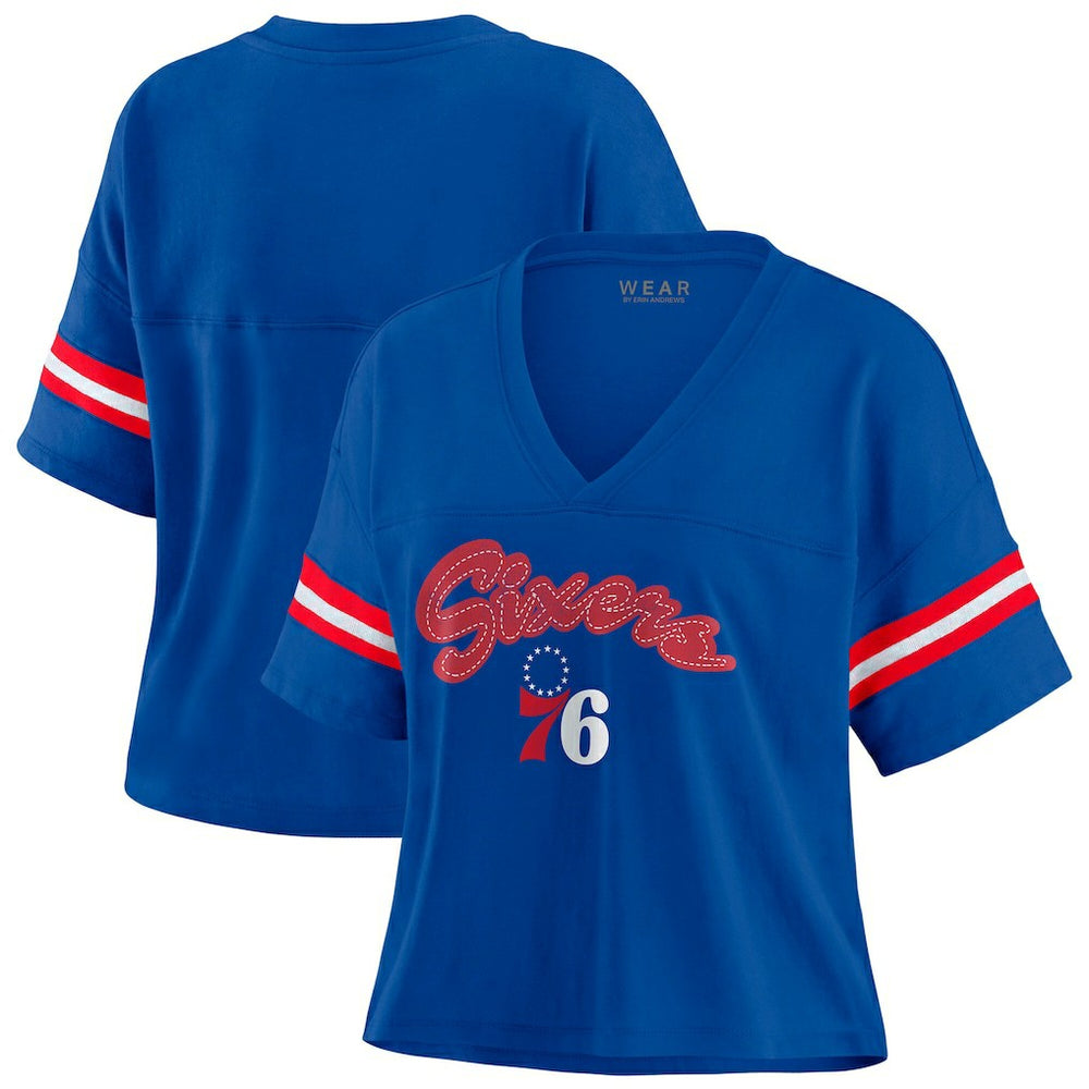 Philadelphia 76ers WEAR by Erin Andrews Women's Color Block Boxy V-Neck T-Shirt - Royal cheap