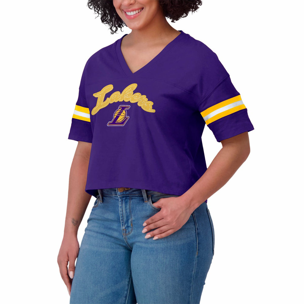 Los Angeles Lakers WEAR by Erin Andrews Women's Plus Size Color Block Boxy V-Neck T-Shirt - Purple on sale