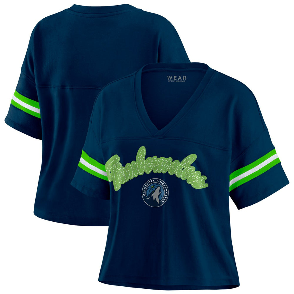 Minnesota Timberwolves WEAR by Erin Andrews Women's Plus Size Color Block Boxy V-Neck T-Shirt - Navy cheap