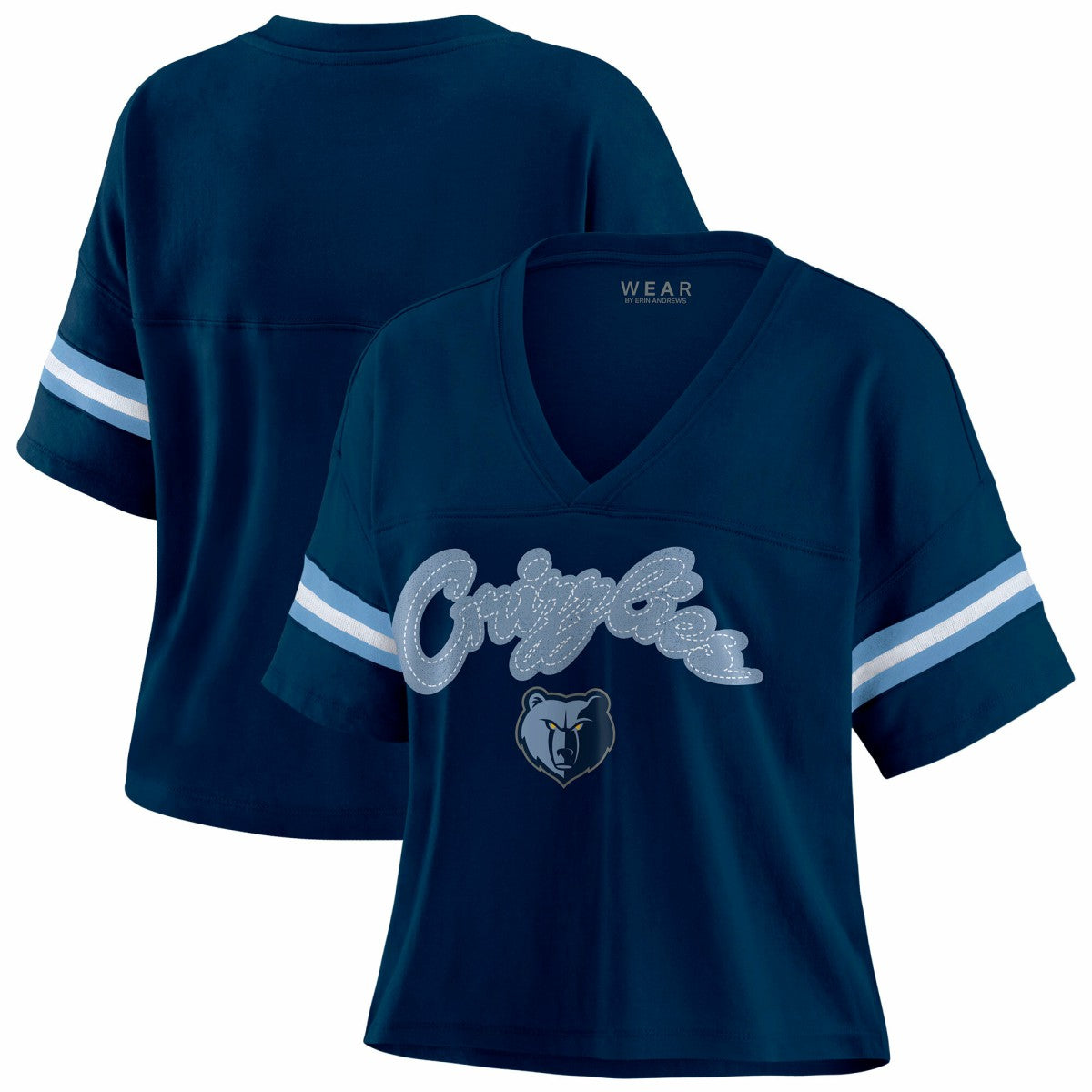 Memphis Grizzlies WEAR by Erin Andrews Women's Plus Size Color Block Boxy V-Neck T-Shirt - Navy sale
