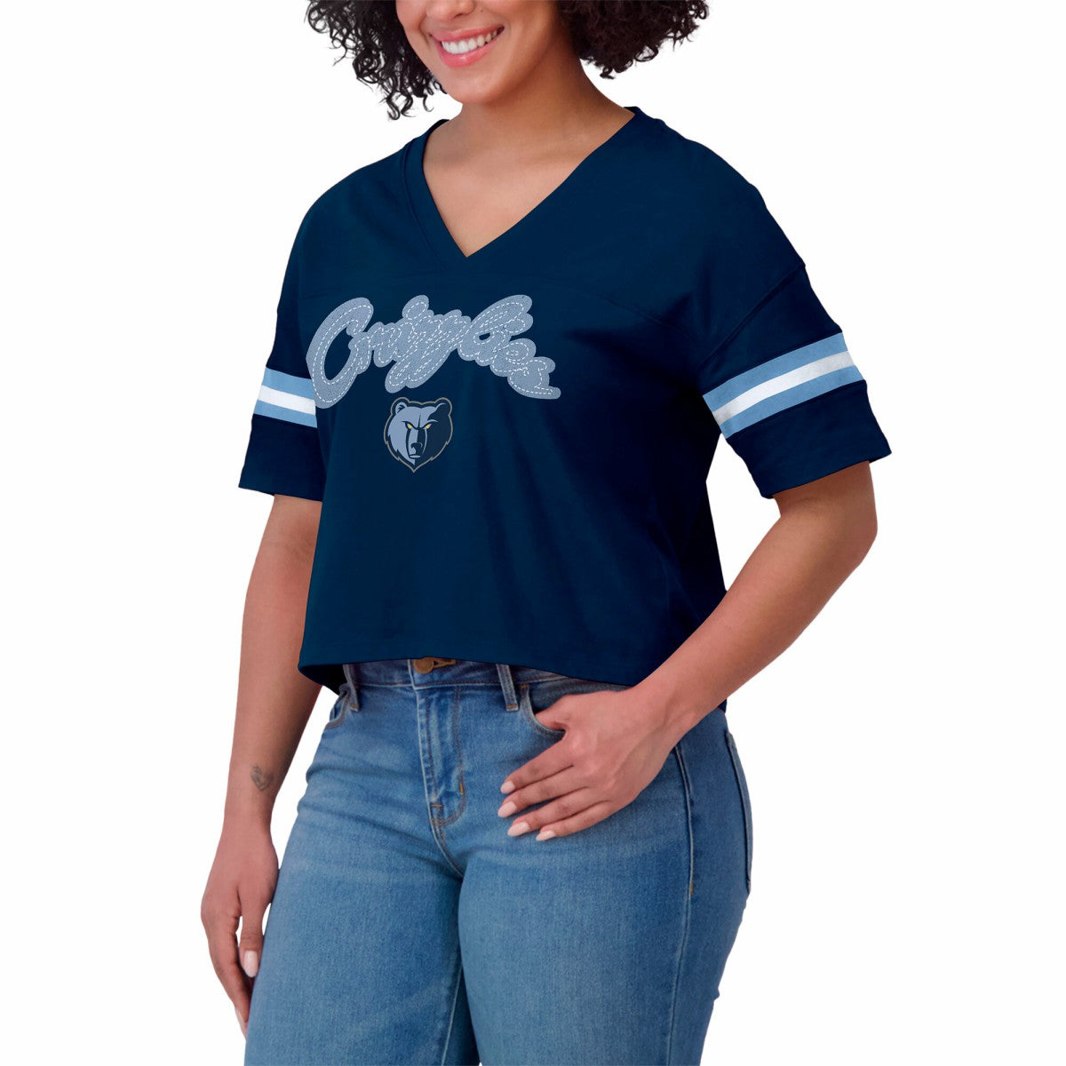 Memphis Grizzlies WEAR by Erin Andrews Women's Plus Size Color Block Boxy V-Neck T-Shirt - Navy sale