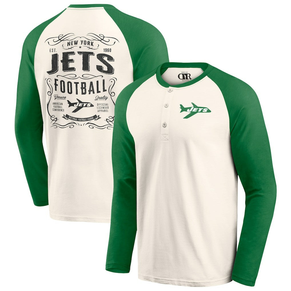 New York Jets Darius Rucker Collection Raglan Henley Long Sleeve T-Shirt - Cream/Green for sale