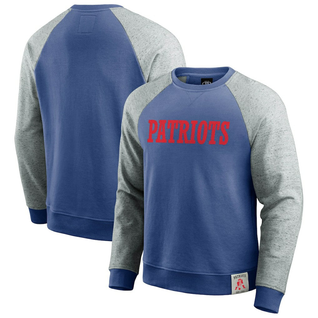 New England Patriots Darius Rucker Collection Throwback Color Block Raglan Pullover Sweatshirt - Royal/Heather Gray for sale