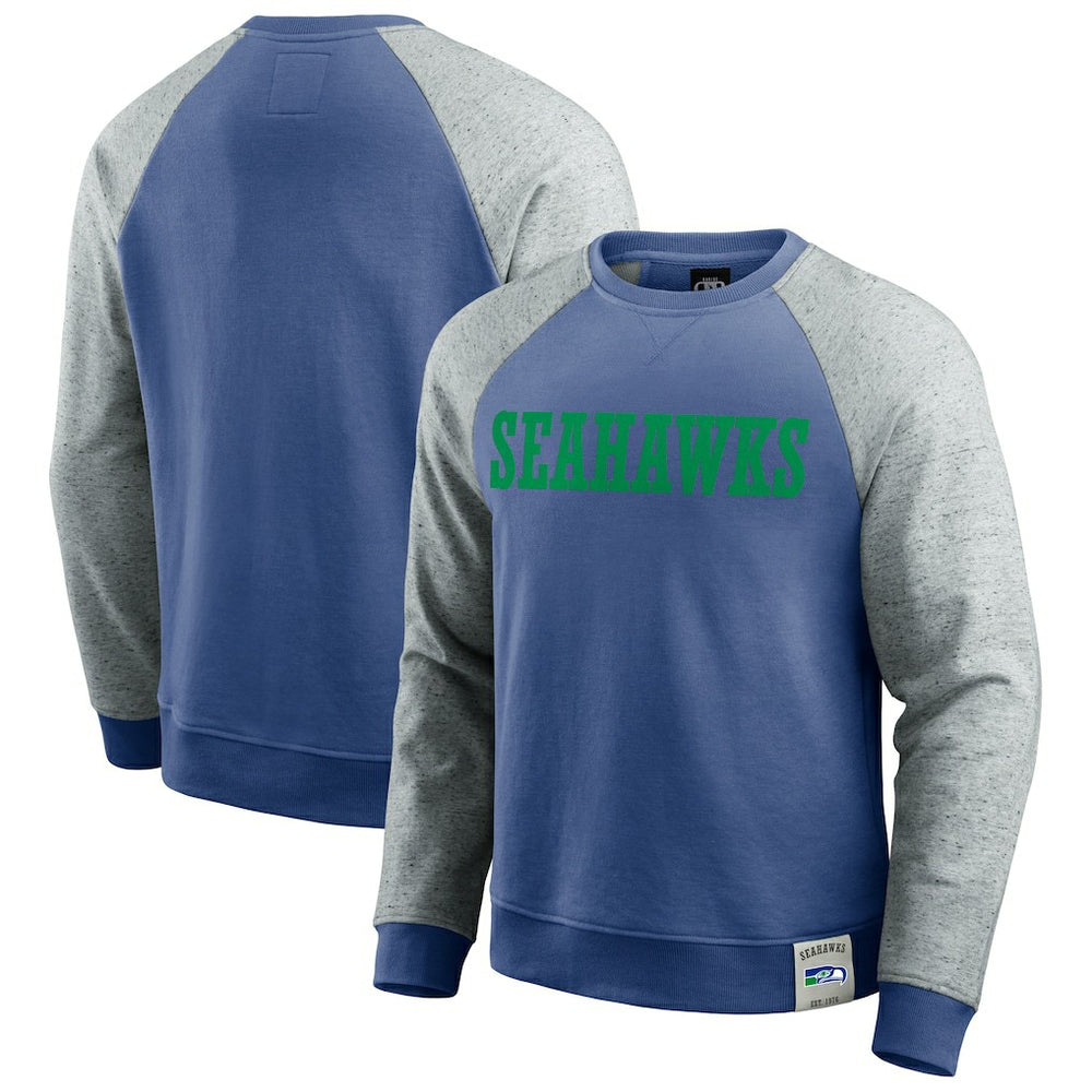 Seattle Seahawks Darius Rucker Collection Throwback Color Block Raglan Pullover Sweatshirt - Royal/Heather Gray on sale