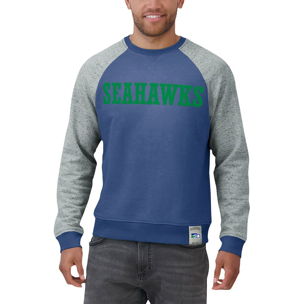 Seattle Seahawks Darius Rucker Collection Throwback Color Block Raglan Pullover Sweatshirt - Royal/Heather Gray on sale