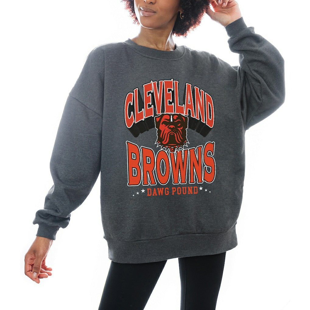 Cleveland Browns Gameday Couture Women's Oversized Long Weekend Premium Fleece Drop Shoulder Pullover Sweatshirt - Charcoal on sale