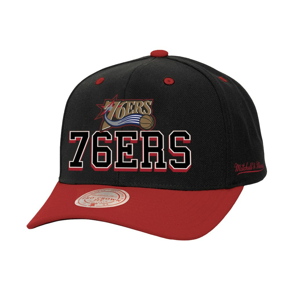 Philadelphia 76ers Backside Script 2-Tone Pro Crown Adjustable Hat - Black/Red | Mitchell & Ness discount