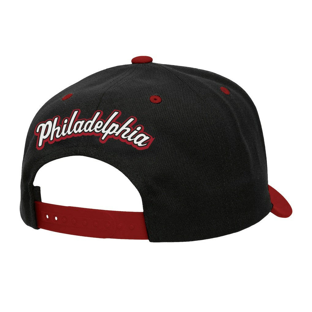 Philadelphia 76ers Backside Script 2-Tone Pro Crown Adjustable Hat - Black/Red | Mitchell & Ness discount