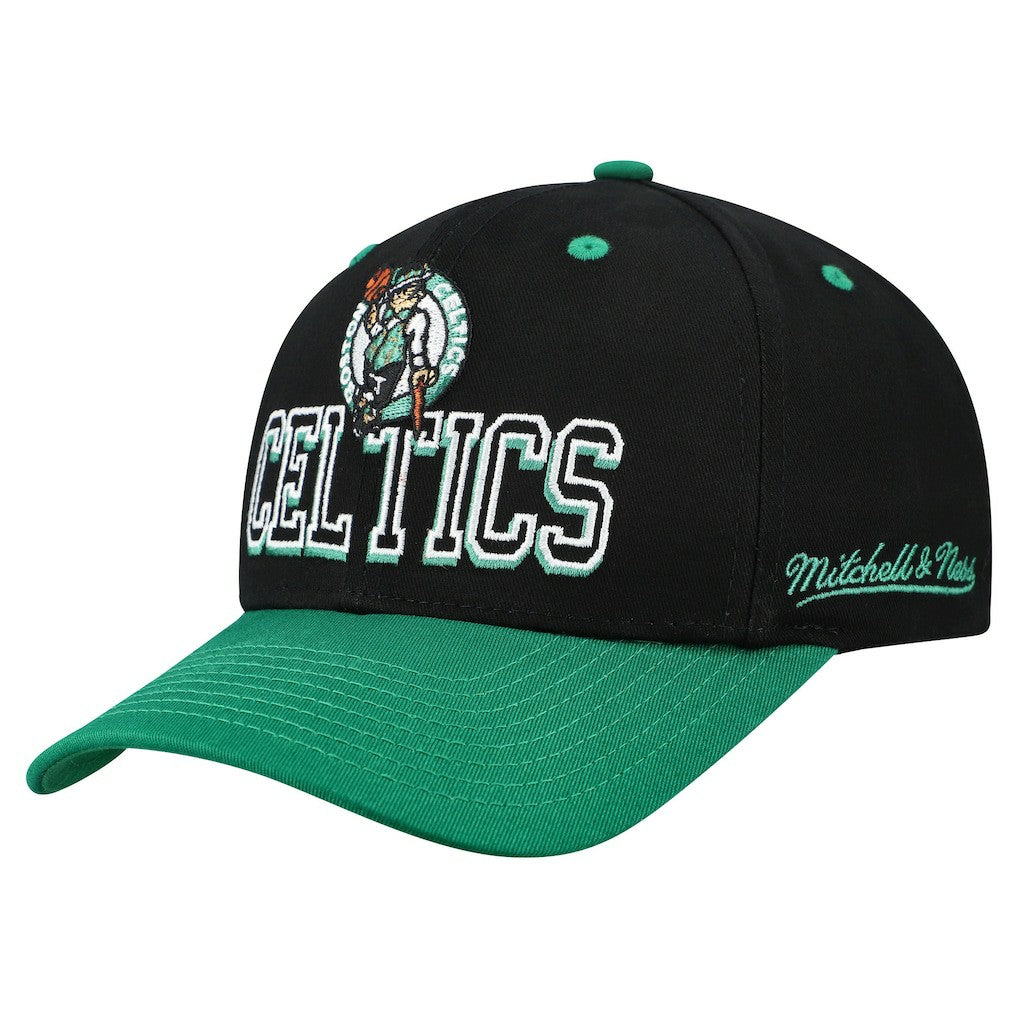 Boston Celtics Backside Script 2-Tone Pro Crown Adjustable Hat - Black/Kelly Green | Mitchell & Ness for sale