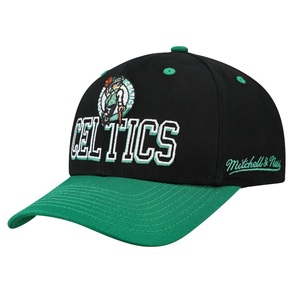 Boston Celtics Backside Script 2-Tone Pro Crown Adjustable Hat - Black/Kelly Green | Mitchell & Ness for sale