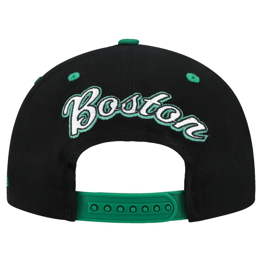 Boston Celtics Backside Script 2-Tone Pro Crown Adjustable Hat - Black/Kelly Green | Mitchell & Ness for sale