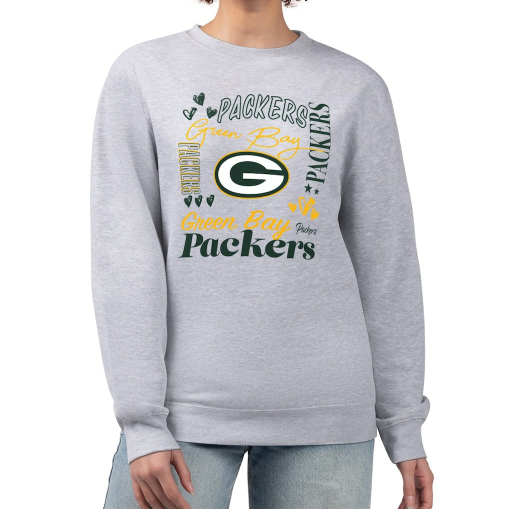 Green Bay Packers G-III 4Her by Carl Banks Women's Collage Graphic Fleece Pullover Sweatshirt - Heather Gray on sale