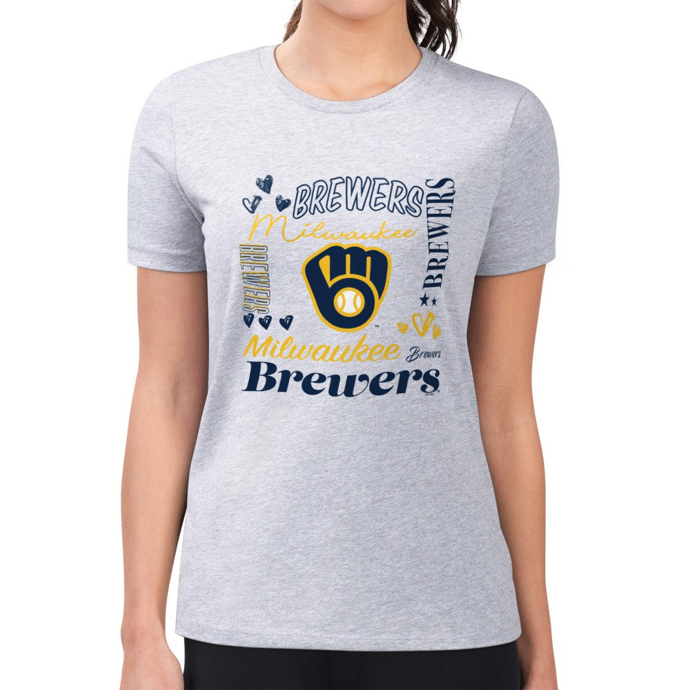 Milwaukee Brewers G-III 4Her by Carl Banks Women's Super-Slim Fit Lightweight Collage Team Graphic Crew Neck T-Shirt - Heather Gray