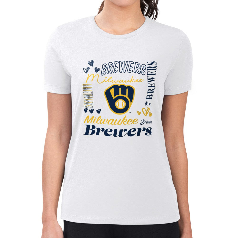 Milwaukee Brewers G-III 4Her by Carl Banks Women's Super-Slim Fit Lightweight Collage Team Graphic Crew Neck T-Shirt - White