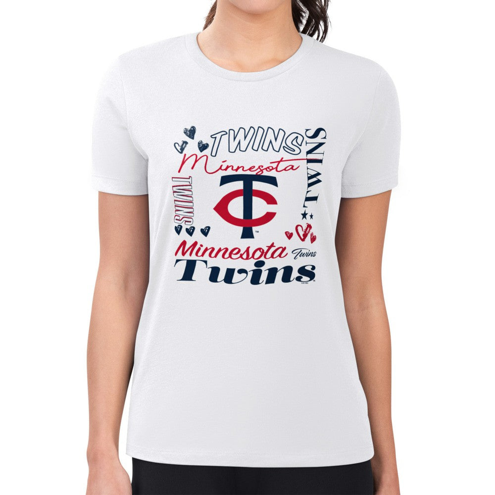 Minnesota Twins G-III 4Her by Carl Banks Women's Super-Slim Fit Lightweight Collage Team Graphic Crew Neck T-Shirt - White