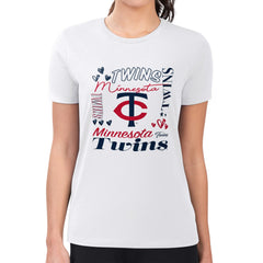Minnesota Twins G-III 4Her by Carl Banks Women's Super-Slim Fit Lightweight Collage Team Graphic Crew Neck T-Shirt - White
