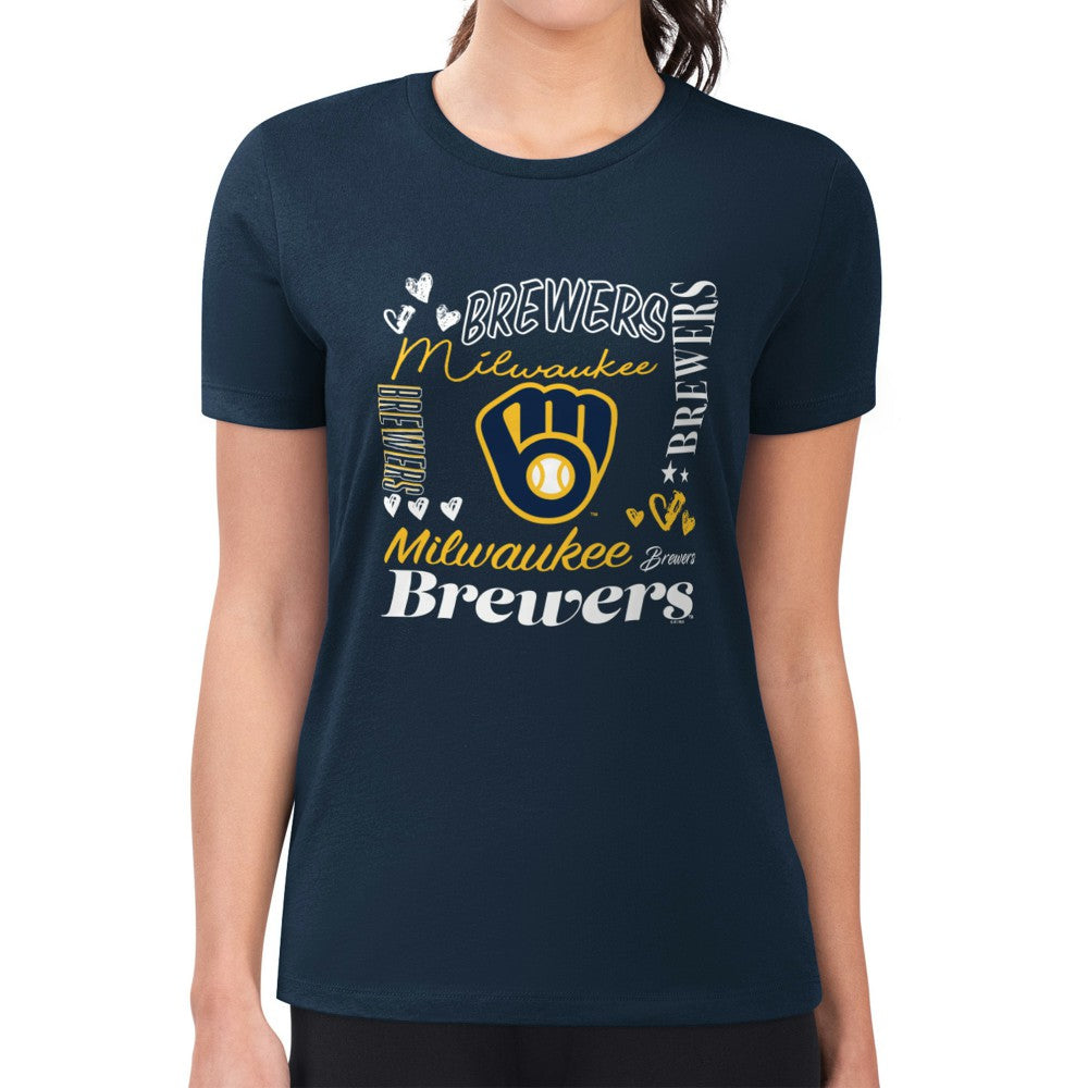 Milwaukee Brewers G-III 4Her by Carl Banks Women's Super-Slim Fit Lightweight Collage Team Graphic Crew Neck T-Shirt - Navy